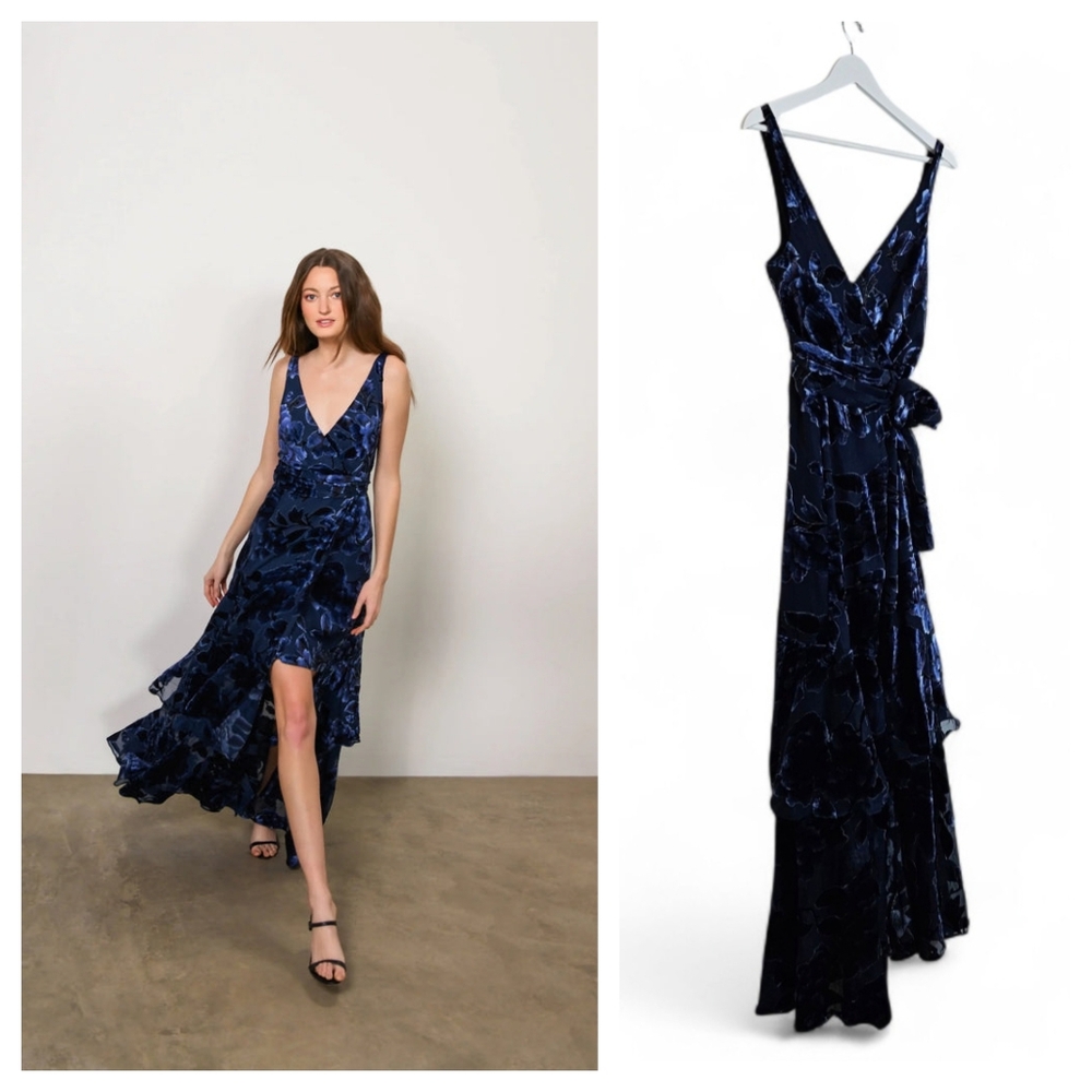 Hutch BAX Navy Eden Floral Burnout Ruffle Maxi Wrap Dress Womens Size XS Elegant